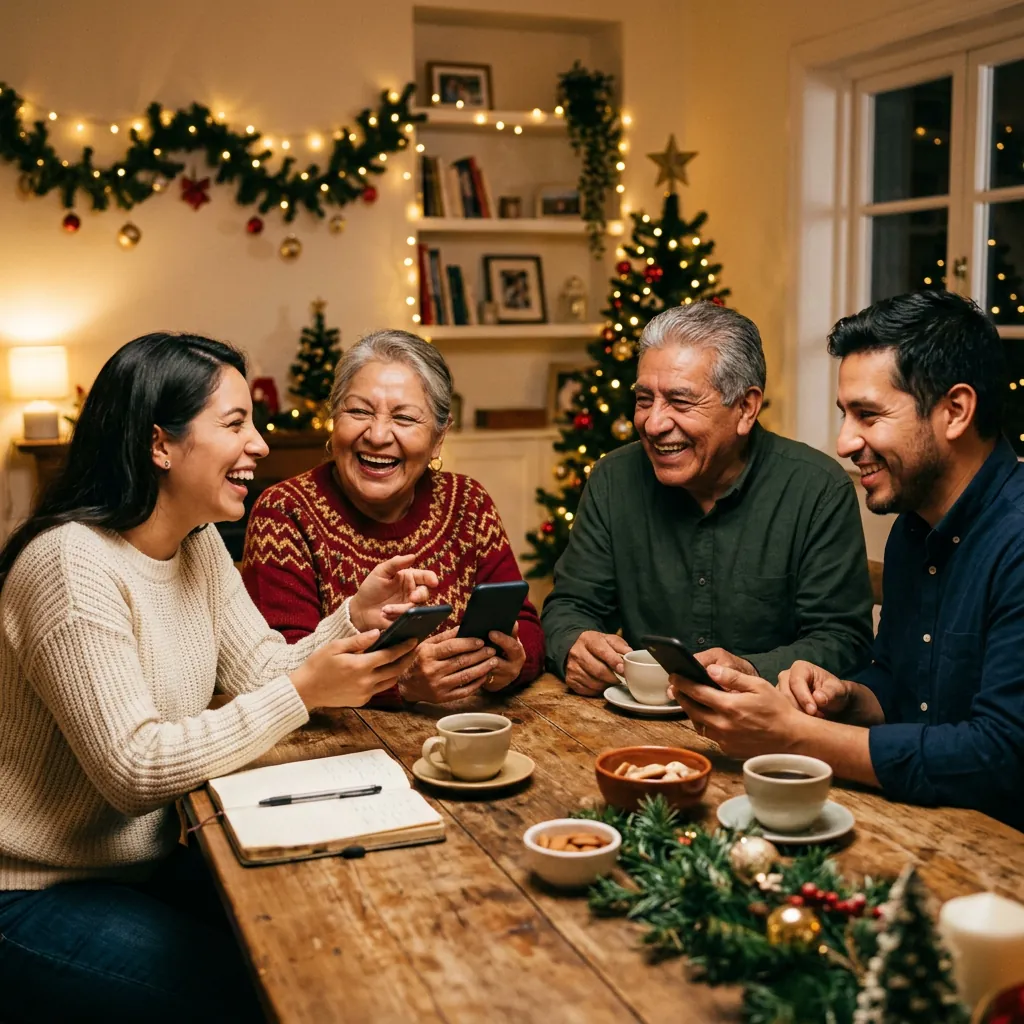 Grupo de personas conversando con sus celulares alrededor de una mesa navideña