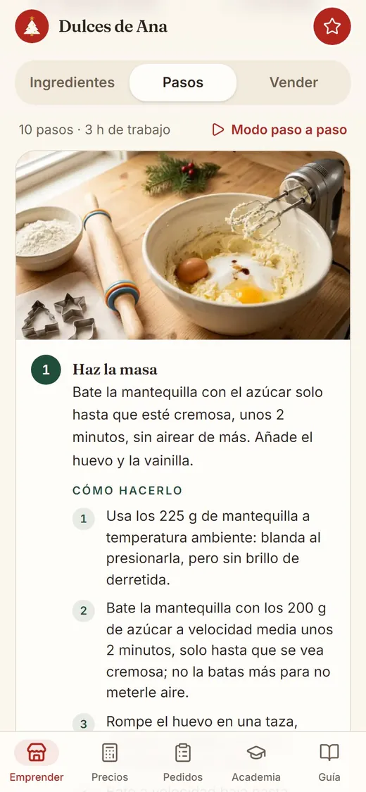 Pestaña de pasos de una receta con foto e indicaciones
