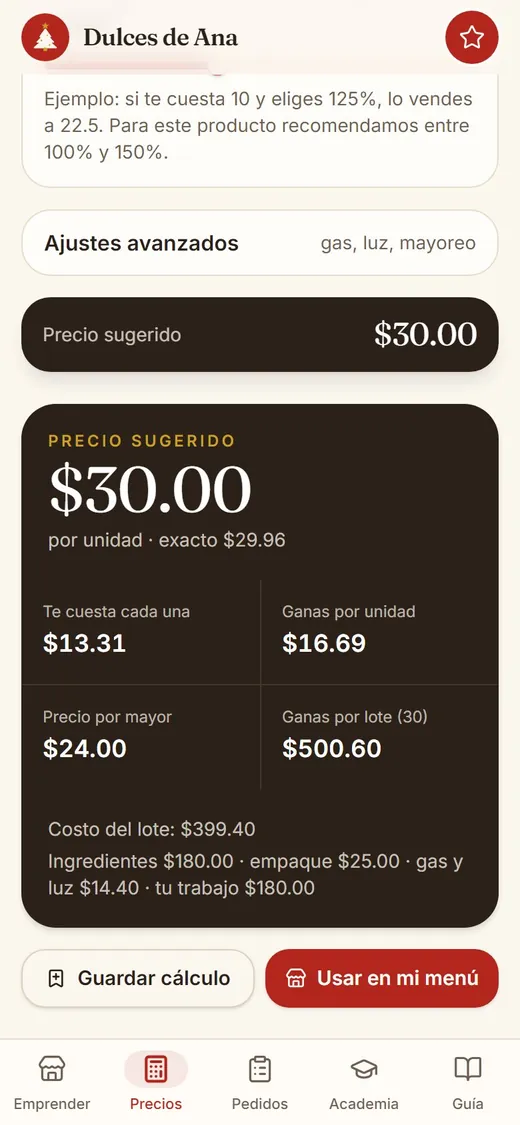 Resultado de la calculadora de precio con costo, precio sugerido y ganancia