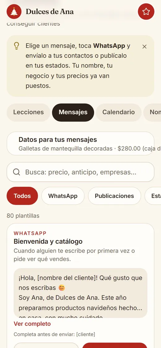 Mensajes listos para copiar y enviar a clientes